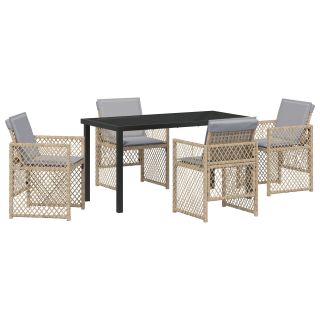 5 Tükine Aia Söögikomplekt Patjadega Beež Polü Rattan,Aia Laud Must 140x80x73 cm Karastatud Klaas