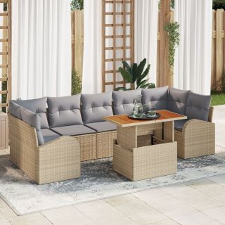8-osaline aia söögikomplekt koos padjadega beež polü rattan acacia