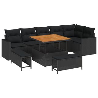 9-osaline Aia Diivanikomplekt padjadega Must Polü Rattan Akatsia,3-osaline Aia Toidukomplekt padjadega Must Polü Rattan Akatsia