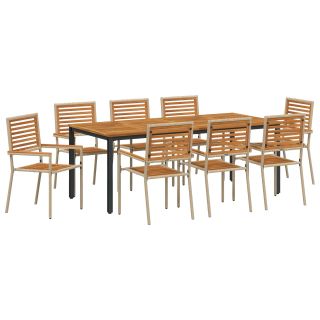 9-osaline Aia Söögikomplekt Beež Polürotang Acacia,Virnastatavad Aia Toolid Padjadega - 2 tk Beež Polürotang,Aia Laud 200x90x75 cm Tugev Acacia Puit ja Metall