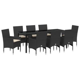 9-osaline aia söögikomplekt padjadega mustast polürotangist,Aia laud must 200x80x73 cm karastatud klaasiga