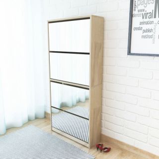Тумба для обуви с четырьмя ящиками и зеркалом, дуб, 63 x 17 x 134 см