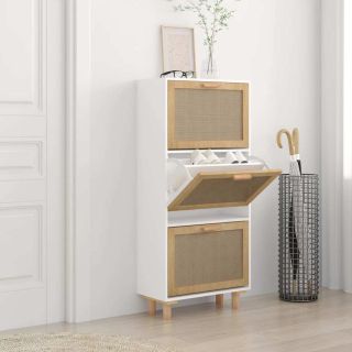 Тумба для обуви, белая, 52x25x115 см, искусственное дерево и натуральный ротанг
