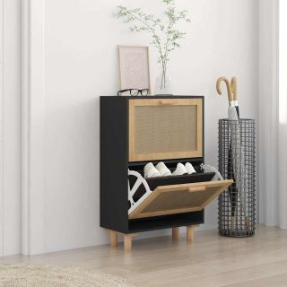 Тумба для обуви, черная, 52x25x80 см, искусственное дерево и натуральный ротанг