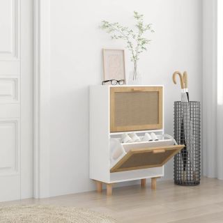 Тумба для обуви, белая, 52x25x80 см, искусственное дерево и натуральный ротанг
