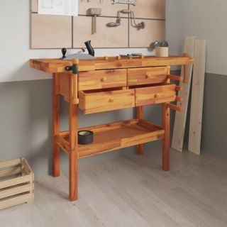 верстак с ящиками и тисками, 124x52x83 см, дерево акация