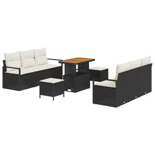 9-osaline aiadiivanite komplekt, millele on lisatud padjad, must polü rattan, akatsiast,2-kohaline aiadiivan, millel on hoiuruum ja padjad, must polü rattan,3-osaline aiadieva söögikomplekt padjadega, must polü rattan, akatsiast