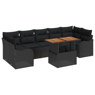 8 Tükist Aia Diivanikomplekt Padjadega Must Polü Rattan Aasia,2-kohaline Aia Diivan Padjadega Must Polü Rattan