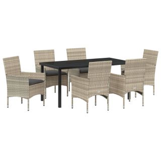 7-osaline Aia Söögikomplekt Patjadega Helehall Polü Rattan,Aia Laud Must 160x80x73 cm Karastatud Klaas