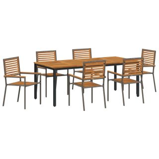 7 Tükiline Aia Söögikomplekt Hall Polü Rattan Acacia,Virnastatavad Aia Toolid Padjaga 2 tk Hall Polü Rattan,Aia Laud 200x90x75 cm Tahke Acacia Puit ja Metall