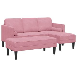 Aia diivan koos pingiga ja patjadega L-kujuline roosa samet,3-kohaline diivan koos chaise L-kujulise heleda roosa 160 cm sametiga,Pink bench 113x57x39 cm Velvet