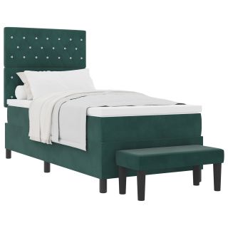 Box Spring Bed koos madratsi ja pingiga tumeroheline 90x190 cm samet