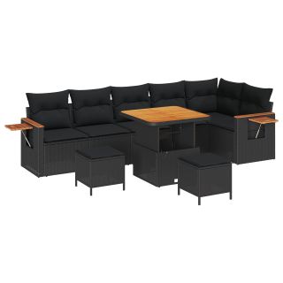 9-osaline aia diivanikomplekt padjadega, must polü rattan akaatsia,3-osaline aia söögikomplekt padjadega, must polü rattan akaatsia
