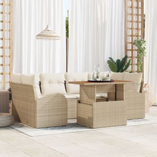 7-osaline aia söögilaudade komplekt padjadega beež polü rattan acacia