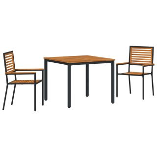 3-osaline Aia Söögikomplekt Must Polü Rattan Acacia,Virnastatavad Aia Toolid Patjadega 2 tk Must Polü Rattan,Aialaud 90x90x75 cm Solid Acacia Puit ja Metall