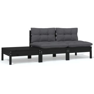 3-osaline aiamööbli komplekt patjadega, must, männipuit