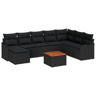 9-osaline aia diivanikomplekt patjadega must polü rattan akatsia,2-kohta aia diivan patjadega must polü rattan