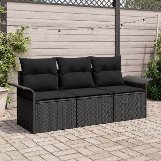 3-osaline aia sohva komplekt padjadega must polü rattan