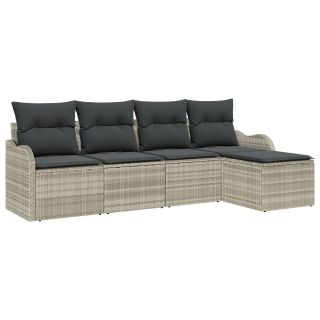 5 tükist aiadiivanite komplekt koos patjadega helehall polü rattan,2 kohaline aiadiivan koos patjadega helehall polü rattan