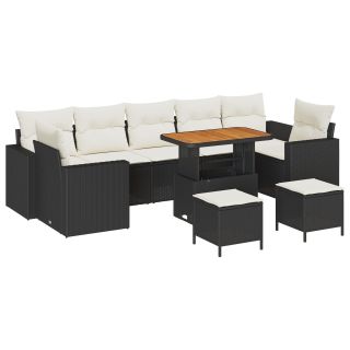 10 Tükiline Aia Diivanikomplekt Padjatega Must Polü Rattan Akaatsia,3 Tükiline Aia Söögikomplekt Padjatega Must Polü Rattan Akaatsia