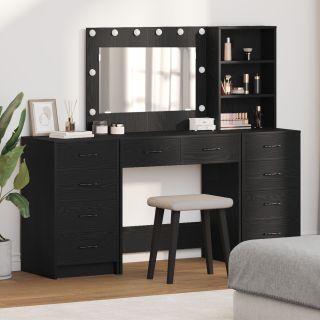 3-osaline riidepeegli komplekt koos LED-tulega mustast tehispuidust
