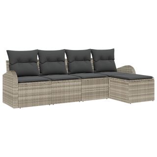 5-osaline aia diivanikomplekt koos patjadega, helehall polü rattan,2-kohaline aia diivan koos hoiuruumi ja patjadega, helehall polü rattan