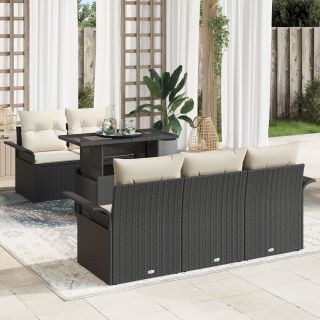6-osaline aia diivanikomplekt koos patjadega must polü rattan