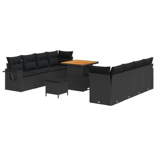 11-osaline Aia Sofa Komplekt Padjadega Must Polürotang Akaatsiapuit,3-osaline Aia Söögikomplekt Padjadega Must Polürotang Akaatsiapuit