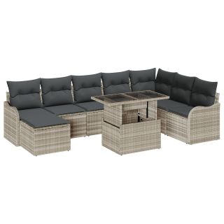 9-osaline aiaseitsme-sofa komplekt koos padjadega helehall polürotangist,2-kohaline aiaseitsme-sofa koos hoiuruumi ja padjatega helehall polürotangist