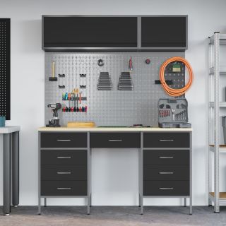 8-osaline töökapid ja pegboard komplekt Must MDF ja metall