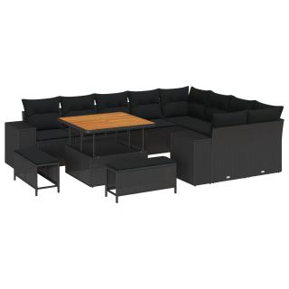 12-osaline aiakaubikute komplekt padjadega must polü rattan ja akatsia,3-osaline söögilaud padjadega must polü rattan ja akatsia