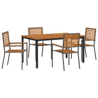 5-osaline aia söögilaud Hall Polü Rattan Acacia,Virnastatavad aia toolid koos patjadega 2 tk Hall Polü Rattan,Aia laud 150x90x75 cm Tugev Acacia Puit ja Metall