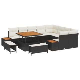 12-osaline aiadiivani komplekt patjadega must polürattan akatsia,3-osaline aiakohvikute komplekt patjadega must polürattan akatsia