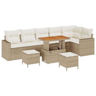 9-osaline aia sofakomplekt padjaga beež polü rattan, akaatsia,3-osaline aia söögikomplekt padjaga beež polü rattan, akaatsia