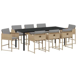 9-osaline aia söögikomplekt patjadega beeži polürotangiga,must söögilaud 200x80x73 cm karastatud klaasiga