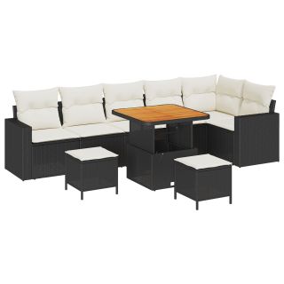 9-osaline Aia Diivanikomplekt Padjadega Must Polü Rattan Akaatsia,3-osaline Aia Söögikomplekt Padjadega Must Polü Rattan Akaatsia