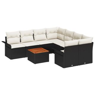9-osaline aedsofa komplekt patjadega Must Polürotang Acacia,2-kohaline aedsofa hoiuruumi ja patjadega Must Polürotang