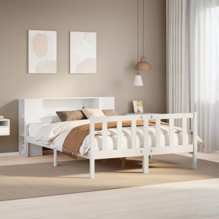 riiuliga voodiraam ilma madratsita, valge, 150x200cm, männipuit