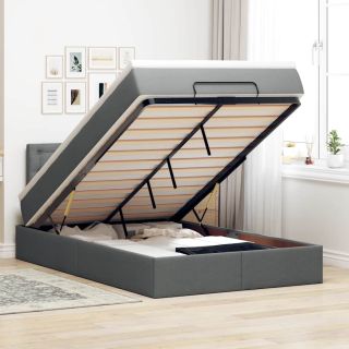 ottomani voodi madratsiga ja LED, tumehall, 120x190 cm, kangas
