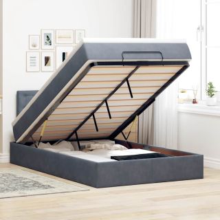 Ottomani voodi madratsi ja LED, tumehall, 120x190cm, samet