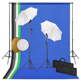fotostuudiokomplekt, lambid vihmavarjud, taustapilt, reflektor