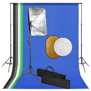 fotostuudiokomplekt valgustuse, taustapildi ja reflektoriga