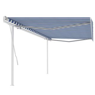 käsitsi sissetõmmatav varikatus, postid, 5x3,5 m, sinine/valge