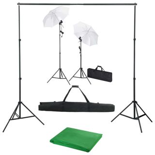 fotostuudiokomplekt taustapildi, lampide ja vihmavarjudega