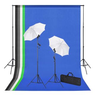 fotostuudiokomplekt taustapiltide, lampide ja vihmavarjudega