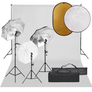 fotostuudio komplekt valgustuse, taustapildi ja reflektoriga