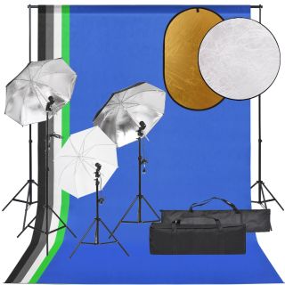fotostuudio komplekt valgustuse, taustapildi ja reflektoriga