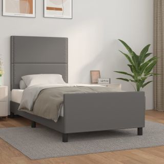 каркас кровати с изголовьем, серый, 90x200 см, искусственная кожа