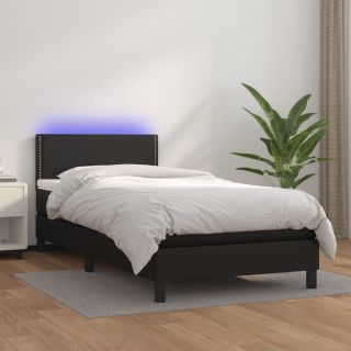 континентальная кровать с матрасом, светодиодная подсветка, черная, 90x200 см, искусственная кожа