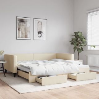 diivanvoodi väljatõmmatava osaga, kreemjas, 100x200 cm, kangas